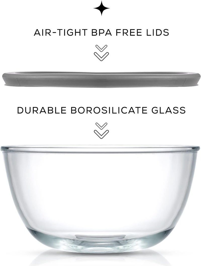 JoyJolt Kitchen Mixing Bowls - 8pc Glass with Lids Set – Neat Nesting Large Bowl Batter Cooking Storage and Big Salad BPA-Free Gray - Image 4